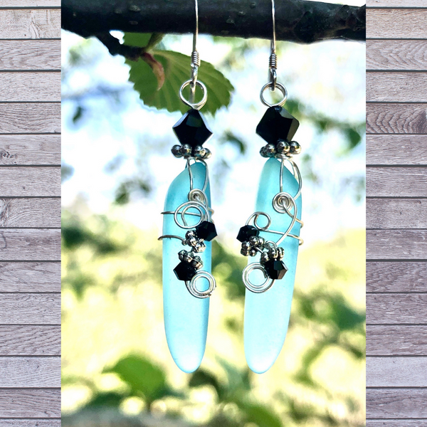 SKY BLUE SEA GLASS DAGGER SHAPED EARRINGS