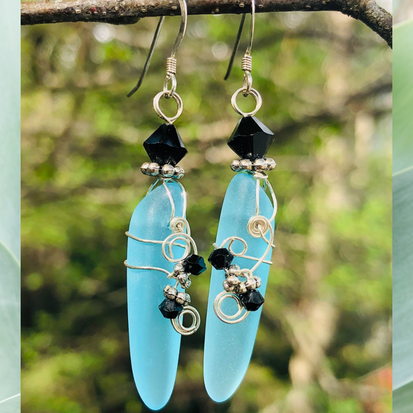 SKY BLUE SEA GLASS DAGGER SHAPED EARRINGS