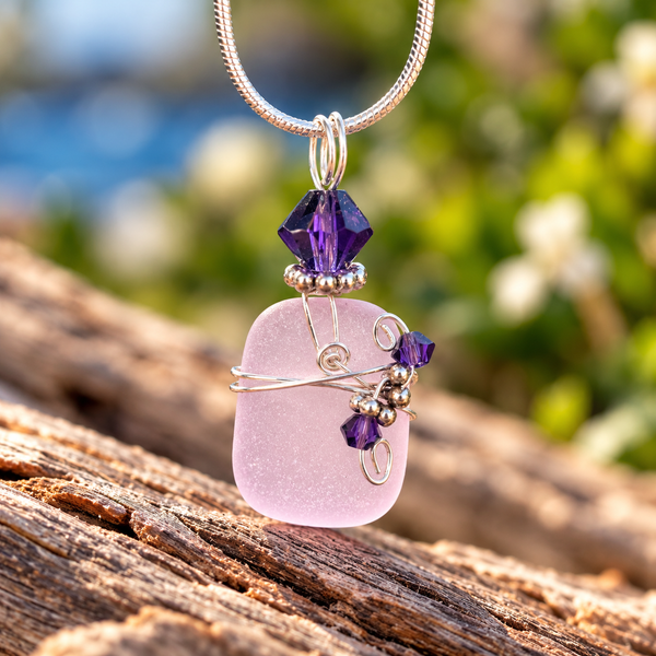 Rectangle-Shaped Frosted Green Sea Glass Necklace – Garnet Crystal Accents