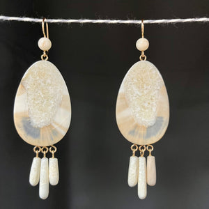 Fossil Ivory Earring - Large Tear Drop with Fringe