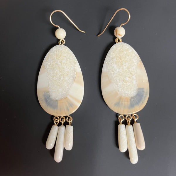Fossil Ivory Earring - Large Tear Drop with Fringe