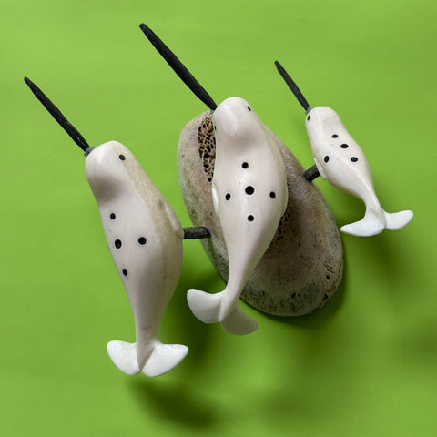 Handmade Narwhal Trio – Native Alaskan Carving on Fossilized Whale Bone