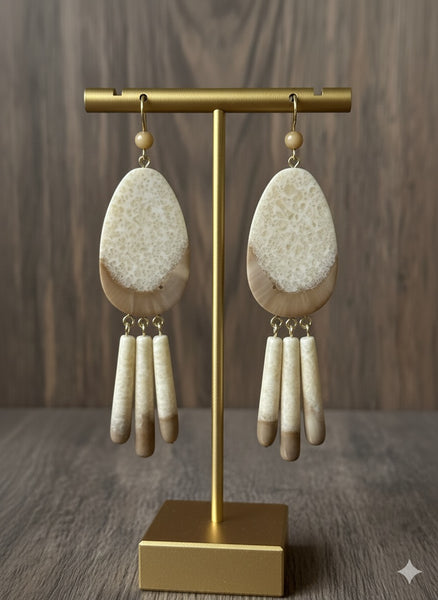 Fossil Ivory Earring - Large Tear Drop with Fringe