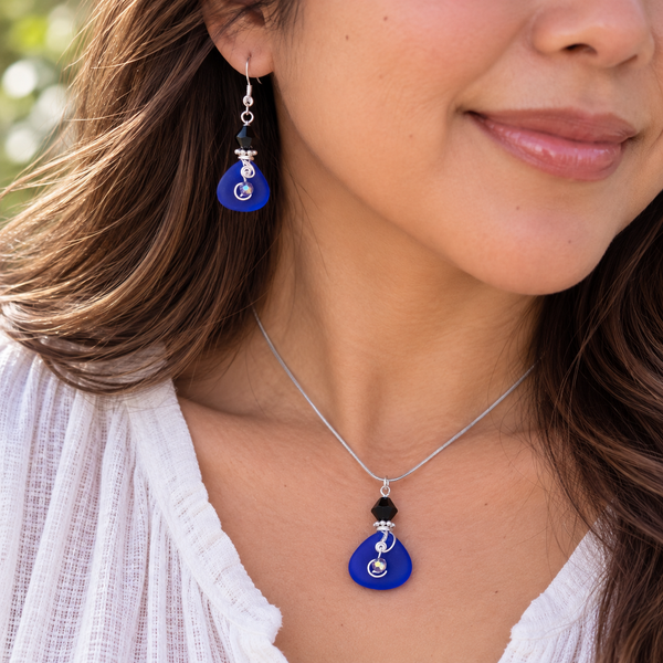 SEA GLASS TRIANGLE EARRINGS - Cobalt Blue