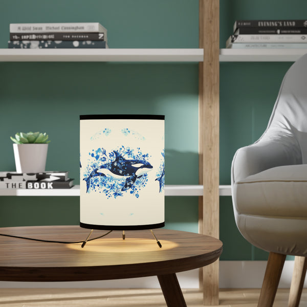Ocean-Inspired Tripod Lamp - Whales Print, Nautical Home Decor, Coastal Lighting, Unique Gift for Ocean Lovers, Blue Decor