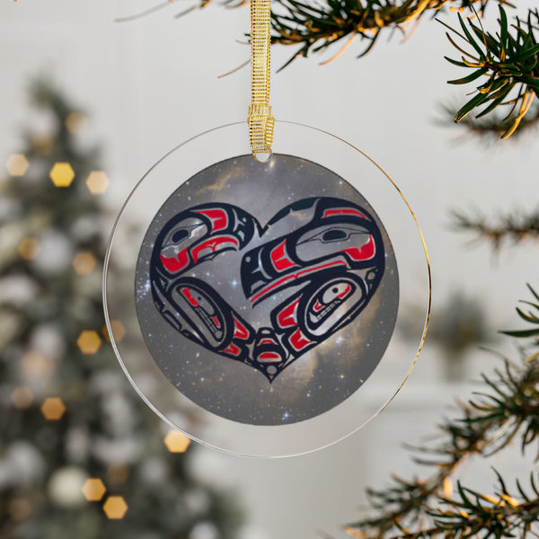 Alaskan Love Birds Ornament with Native Design - Clear Acrylic