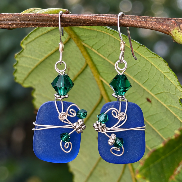 Rectangle-Shaped Ocean Blue Sea Glass Earrings – Emerald Green Crystal Accents