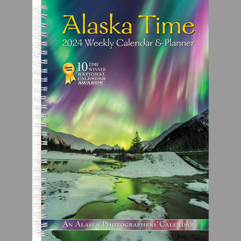 Alaska Time 2024 Weekly Calendar & Planner,  6.25 x 9 inches Made in Alaska, printed in Canada. 12 months planner & organizer featuring 53 outstanding photos in a lay-flat, spiral-bound weekly calendar planner, suitable for making written calendar entries on premium matte paper. 