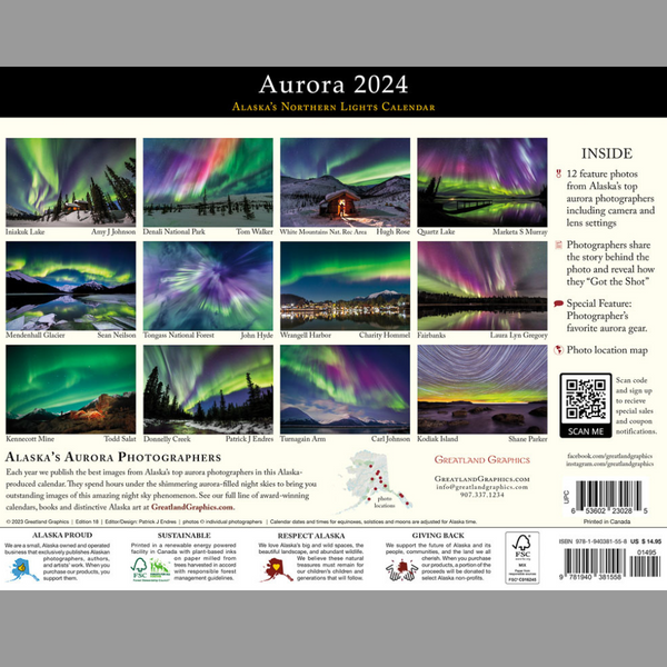 Alaska's Northern Lights 12 stunning aurora images by Alaska’s best night sky photographers!  Stories from the photographers on how they got the shot! Bonus feature: Pros share their favorite aurora gear. 13 x 10 inches (13 x 20 inches open) Made in Alaska, printed in Canada