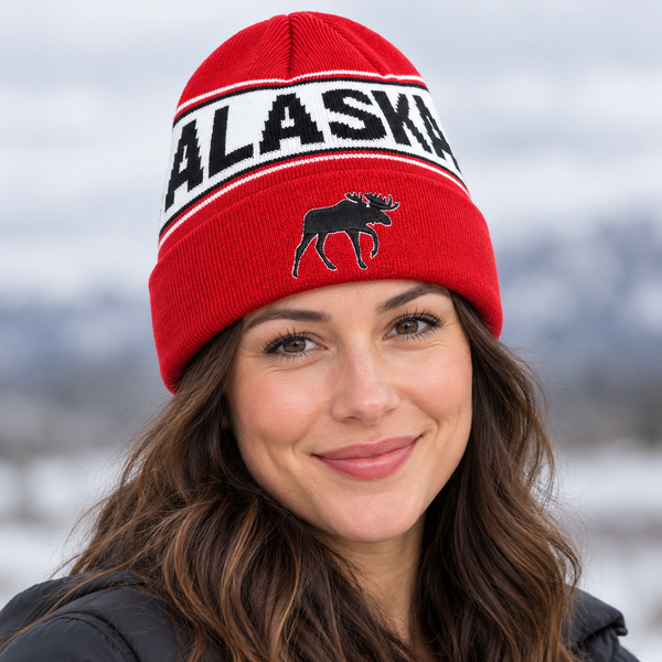 Alaska Wildlife Knit Beanie with Foldover Cuff - Bear