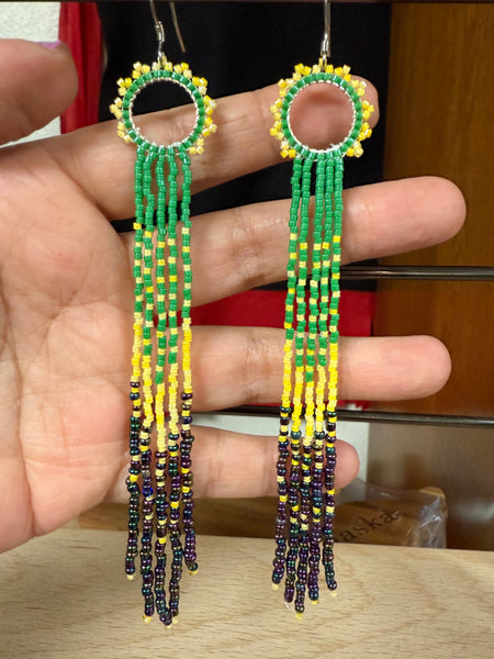 Long Green & Yellow Beaded Fringe Earrings – Handmade Statement Jewelry