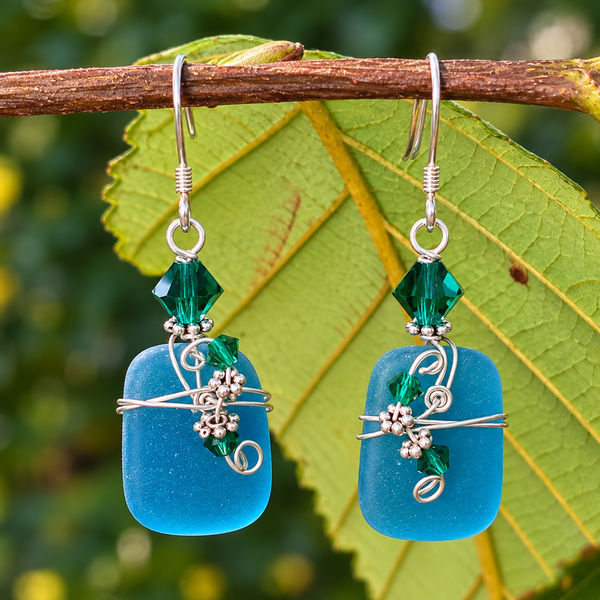 Rectangle-Shaped Ocean Blue Sea Glass Earrings – Emerald Green Crystal Accents