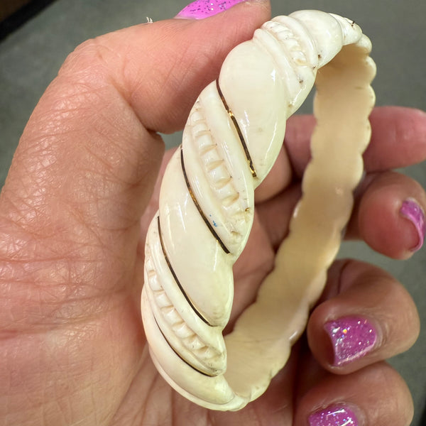Vintage Woolly Mammoth Tusk Bangle Bracelet – Hand-Carved Spiral Design with Gold-Tone Inlay – 9” Circumference
