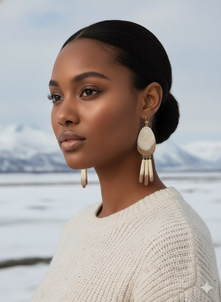 Fossil Ivory Earring - Large Tear Drop with Fringe
