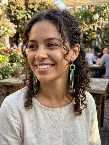 Long Green & Yellow Beaded Fringe Earrings – Handmade Statement Jewelry