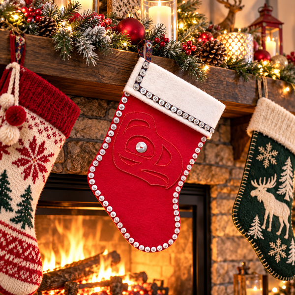 Alaska Native Raven Hand-Beaded Christmas Stocking – Handmade Alaska Holiday Décor