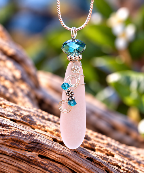 Sea Glass Necklace – Pale Pink Teardrop Pendant with Green Crystal Bead Accent