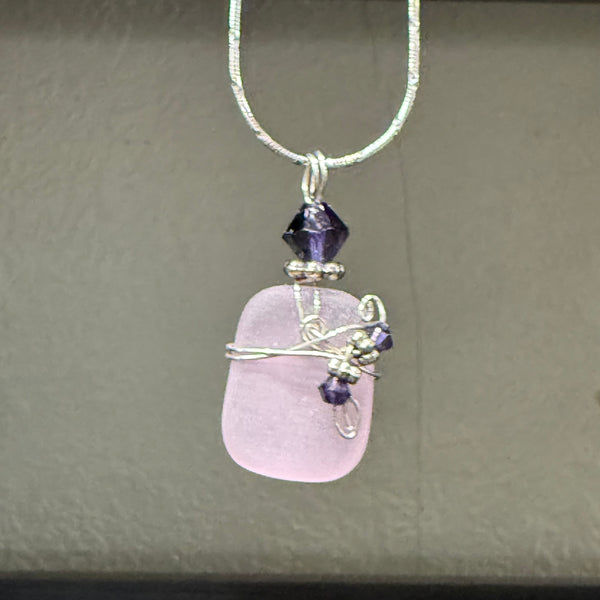 Rectangle-Shaped Frosted Green Sea Glass Necklace – Garnet Crystal Accents