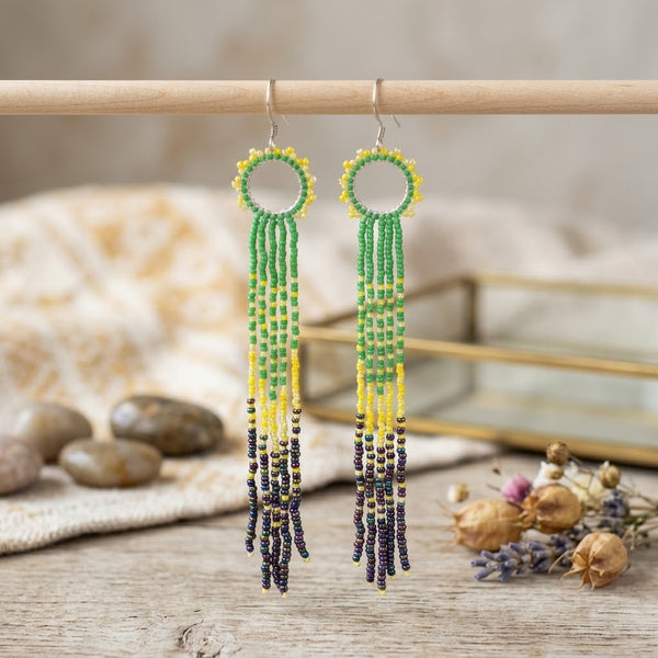 Long Green & Yellow Beaded Fringe Earrings – Handmade Statement Jewelry