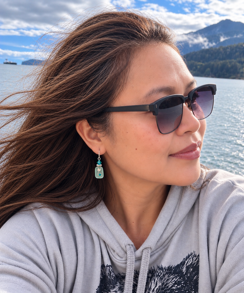 Rectangle-Shaped Ocean Blue Sea Glass Earrings – Emerald Green Crystal Accents