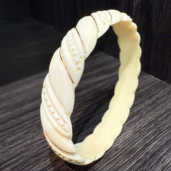Vintage Woolly Mammoth Tusk Bangle Bracelet – Hand-Carved Spiral Design with Gold-Tone Inlay – 9” Circumference