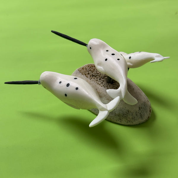 Handmade Narwhal Trio – Native Alaskan Carving on Fossilized Whale Bone