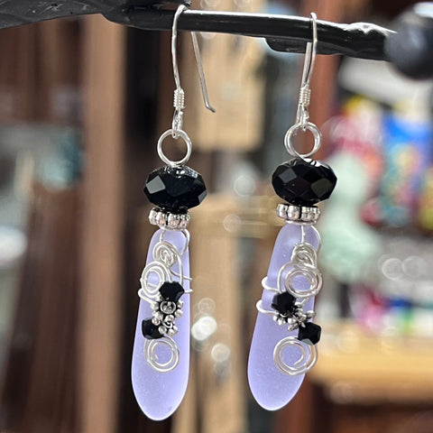 PURPLE SEA GLASS DAGGER SHAPED EARRINGS