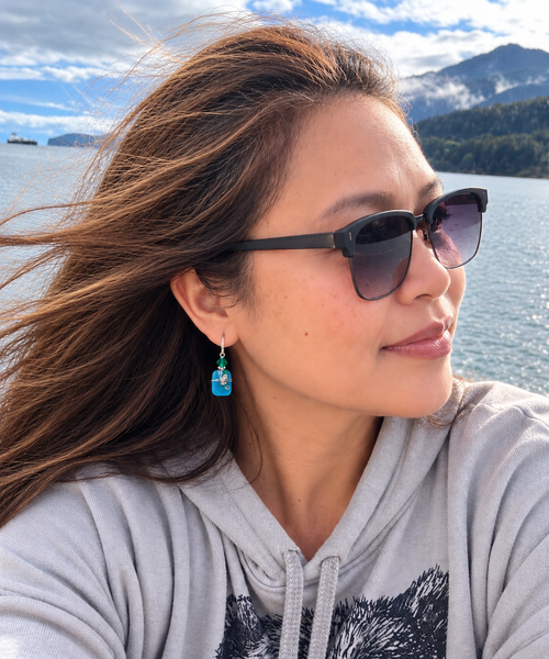 Rectangle-Shaped Ocean Blue Sea Glass Earrings – Emerald Green Crystal Accents