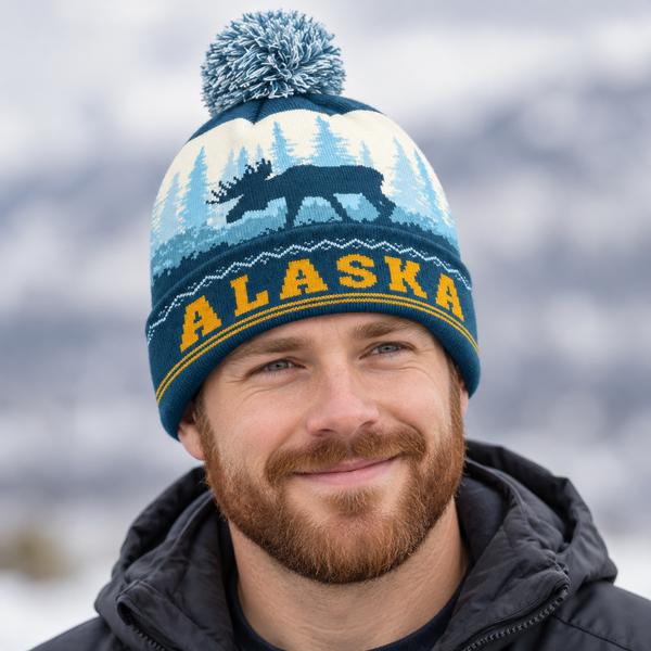 Alaska Wildlife Knit Beanie with Foldover Cuff - Bear