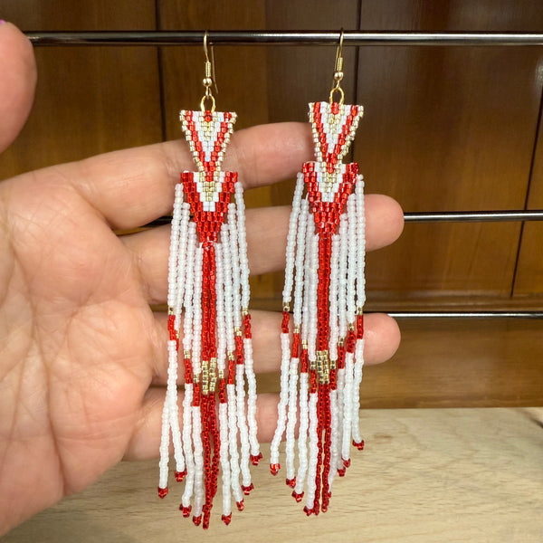 Long Red & White Beaded Fringe Earrings – Handmade Statement Jewelry