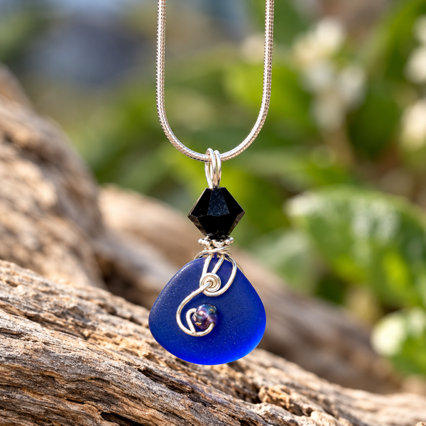 SEA GLASS TRIANGLE SHAPED NECKLACE - Cobalt Blue