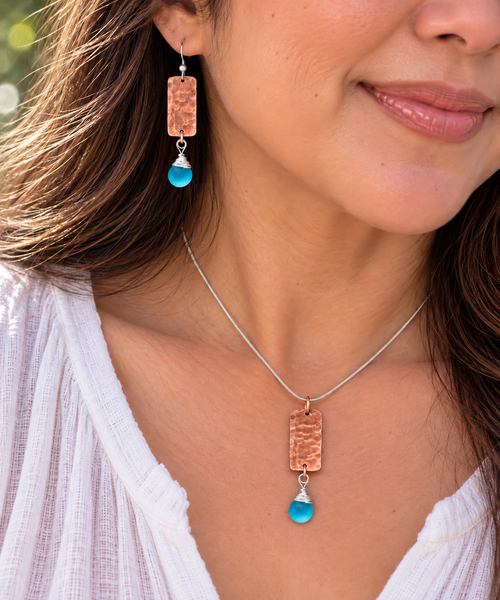 Sea Glass Necklace – Turquoise Blue Teardrop Pendant with Rectangle Hammered Copper.