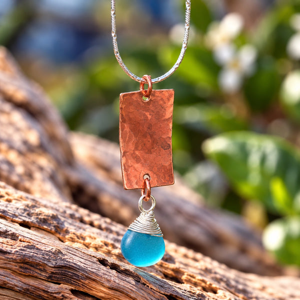 Sea Glass Necklace – Pale Pink Teardrop Pendant with Green Crystal Bead Accent