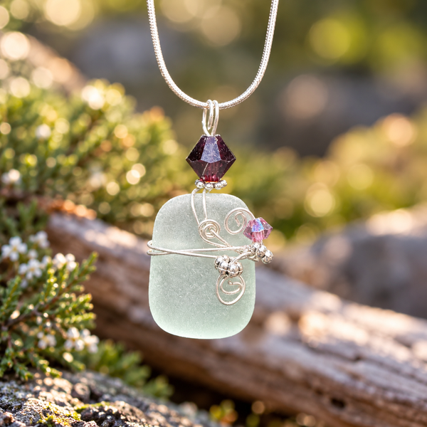 Rectangle-Shaped Frosted Green Sea Glass Necklace – Garnet Crystal Accents