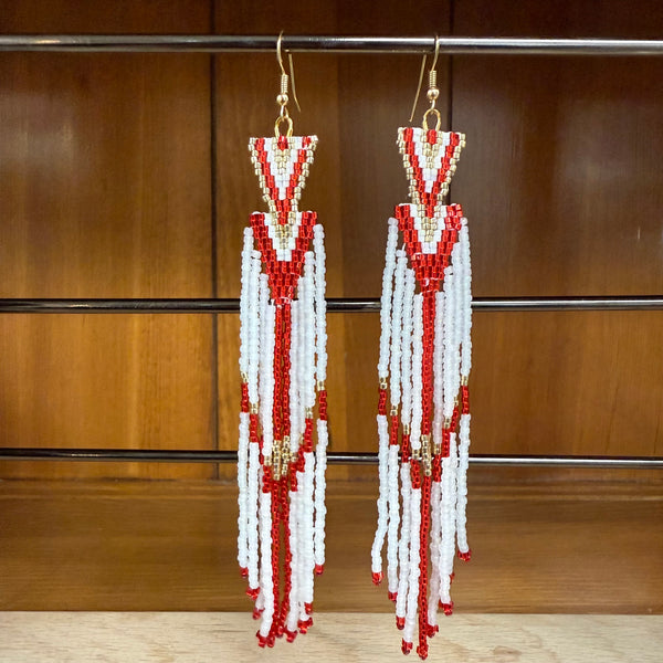 Long Red & White Beaded Fringe Earrings – Handmade Statement Jewelry