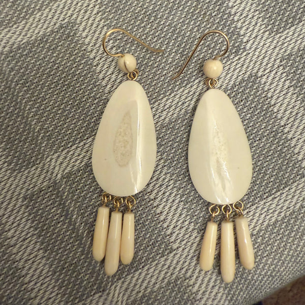 Fossil Ivory Earring - Large Tear Drop with Fringe