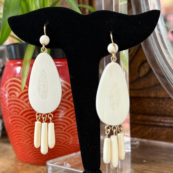 Fossil Ivory Earrings - Tear Drop with fringe