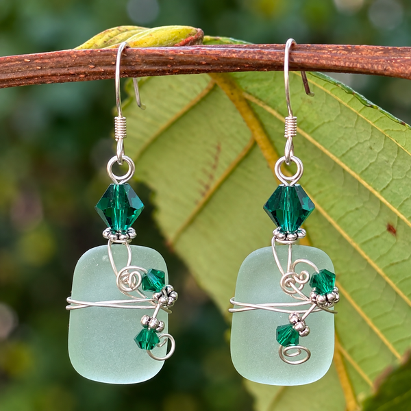 Rectangle-Shaped Ocean Blue Sea Glass Earrings – Emerald Green Crystal Accents