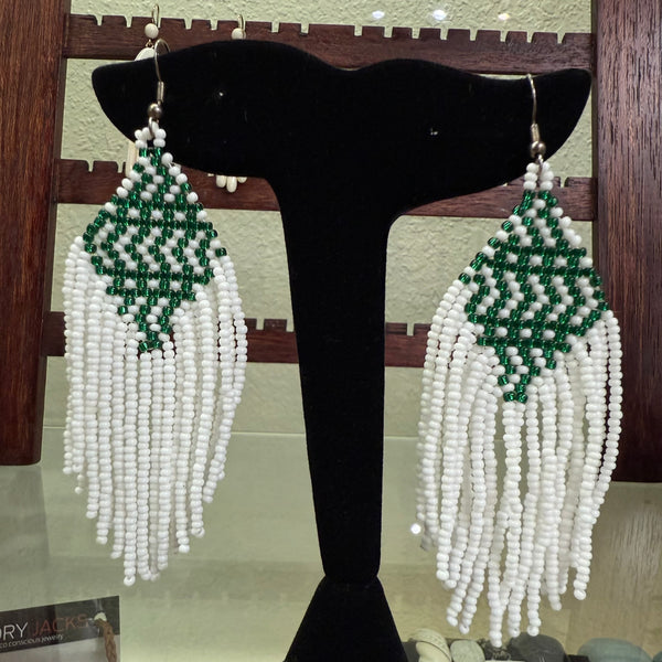 Green & White Beaded Fringe Earrings – Handmade Statement Seed Bead Earrings