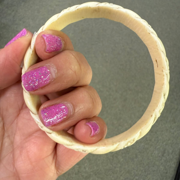 Vintage Woolly Mammoth Tusk Bangle Bracelet – Hand-Carved Spiral Design with Gold-Tone Inlay – 9” Circumference