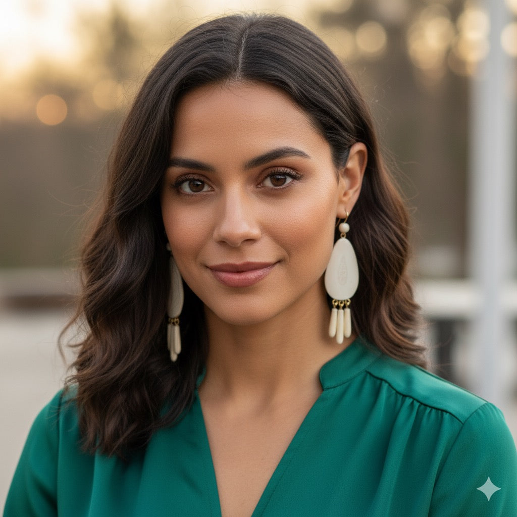 Fossil Ivory Earring - Large Tear Drop with Fringe