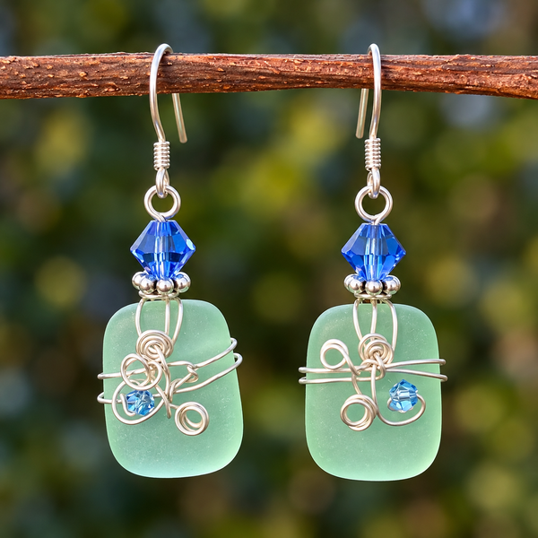 Rectangle-Shaped Ocean Blue Sea Glass Earrings – Emerald Green Crystal Accents