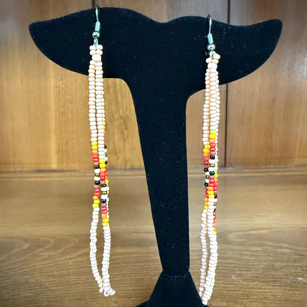Long White Beaded Dangle Earrings – 4” Skinny Statement Earrings