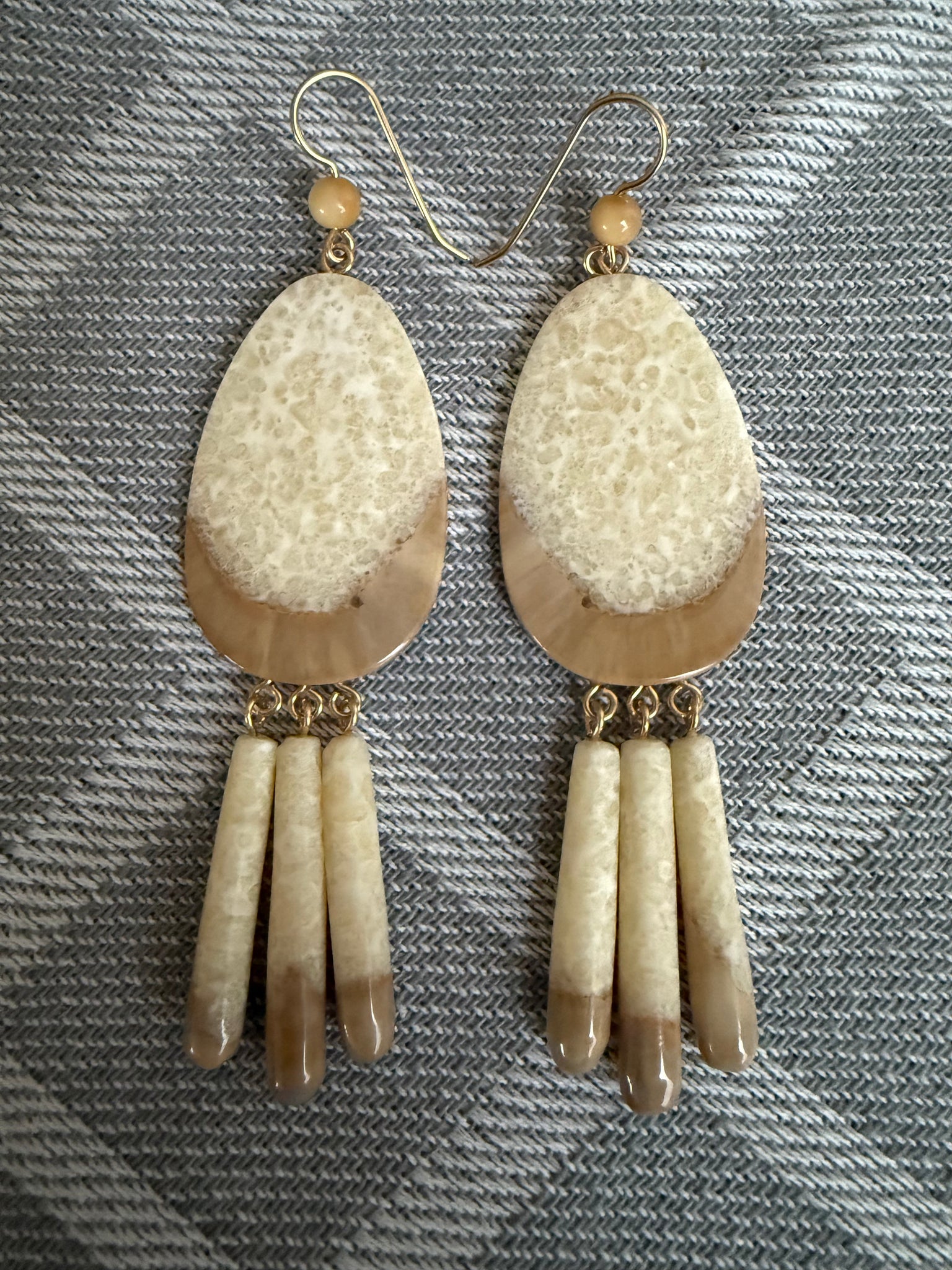 Fossil Ivory Earring - Large Tear Drop with Fringe