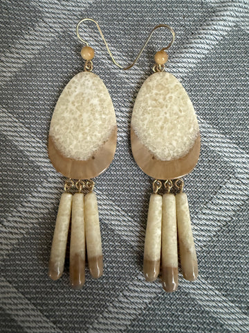 Fossil Ivory Earring - Large Tear Drop with Fringe