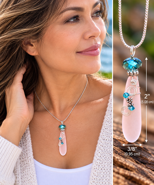 Sea Glass Necklace – Pale Pink Teardrop Pendant with Green Crystal Bead Accent