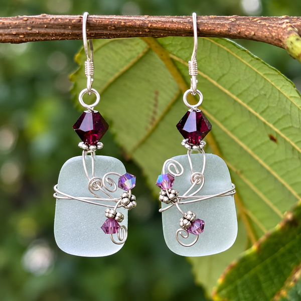 Rectangle-Shaped Ocean Blue Sea Glass Earrings – Emerald Green Crystal Accents