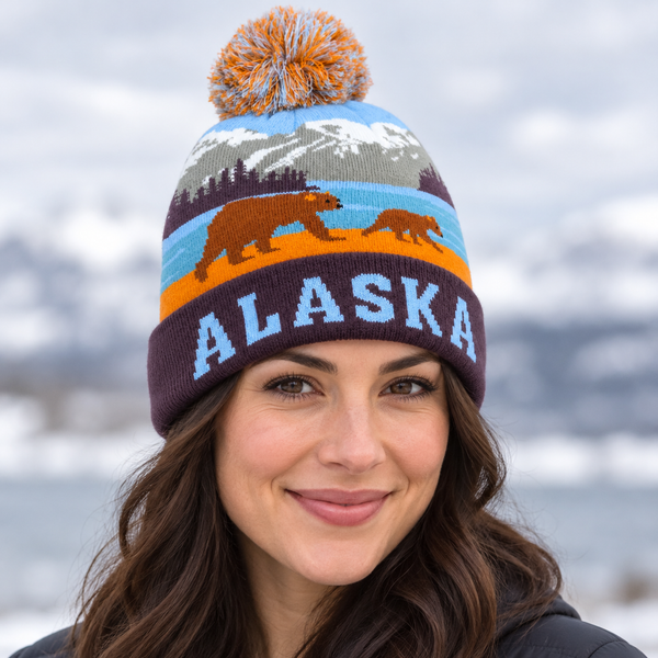 Alaska Wildlife Knit Beanie with Foldover Cuff - Bear
