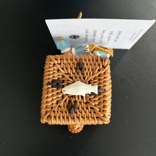 SQUARE HAND-WOVEN GRASS BASKET WITH CARVED BONE