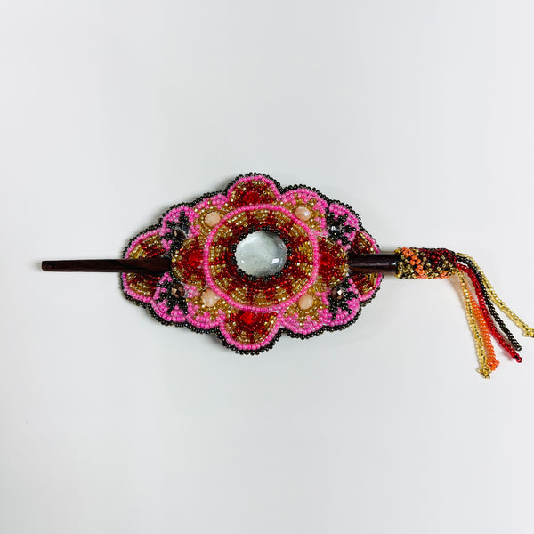 Beautiful Beaded Hair Barrette with Wood Stick